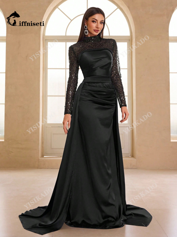 Flitteres estélyi ruha partira, hosszú ujjú, álló gallér, poliészter–spandex keverék, hosszú fazon, elegáns vonal