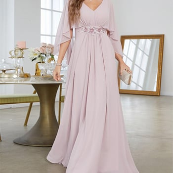 Вечерна рокля с дълбоко V деколте, клеш ръкави, пайети и машинно бродирана апликация, дълга А-образна пола