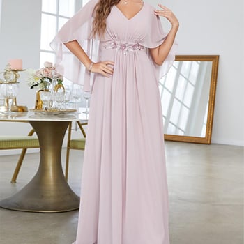 Вечерна рокля с дълбоко V деколте, клеш ръкави, пайети и машинно бродирана апликация, дълга А-образна пола