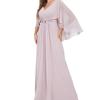 Вечерна рокля с дълбоко V деколте, клеш ръкави, пайети и машинно бродирана апликация, дълга А-образна пола