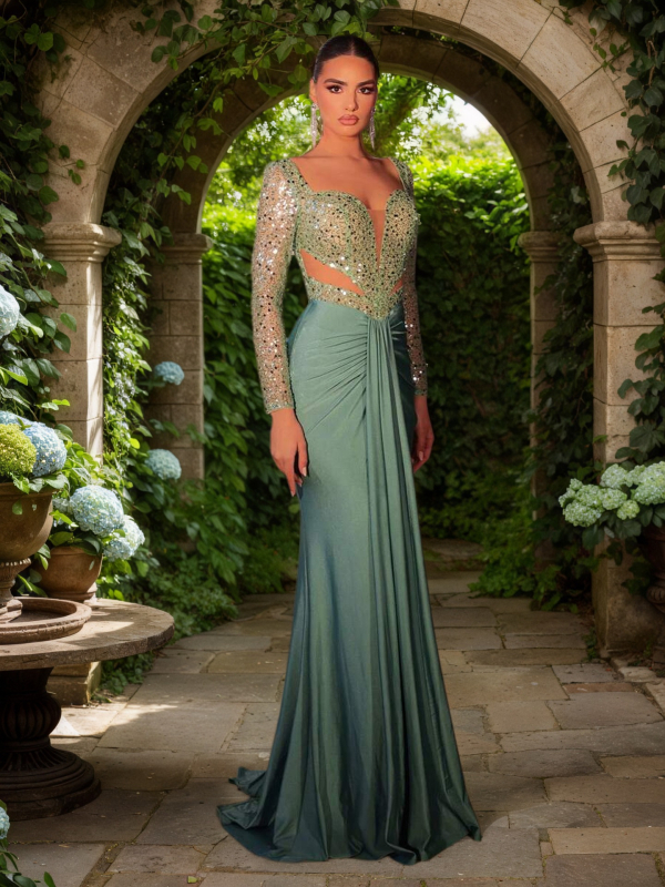 Elegantas poliesteres vakarkleita ar dziļu V kakla līniju, augstu vidukli, garām piedurknēm un garu svārku