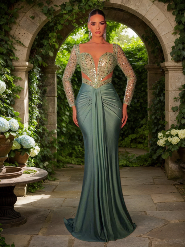 Elegantas poliesteres vakarkleita ar dziļu V kakla līniju, augstu vidukli, garām piedurknēm un garu svārku