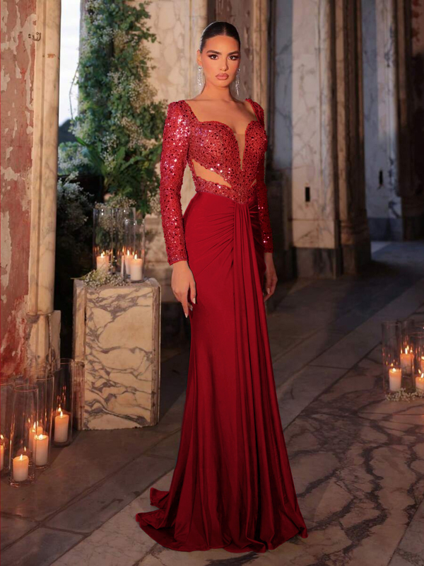 Elegantas poliesteres vakarkleita ar dziļu V kakla līniju, augstu vidukli, garām piedurknēm un garu svārku