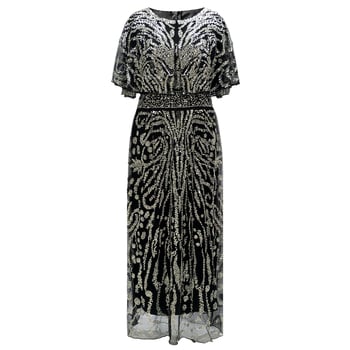 Večernja haljina s teškom šivanom od perlica i šljokica, duga, visoki struk, 3/4 rukavi, poliester