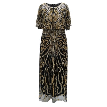 Večernja haljina s teškom šivanom od perlica i šljokica, duga, visoki struk, 3/4 rukavi, poliester