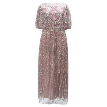 Večernja haljina s teškom šivanom od perlica i šljokica, duga, visoki struk, 3/4 rukavi, poliester