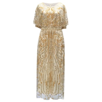 Večernja haljina s teškom šivanom od perlica i šljokica, duga, visoki struk, 3/4 rukavi, poliester