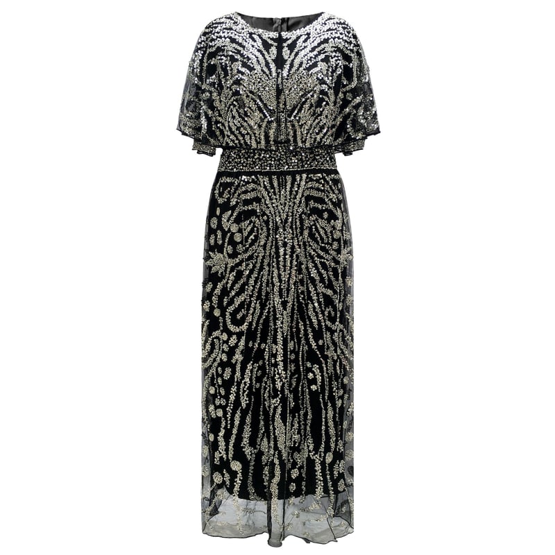 Večernja haljina s teškom šivanom od perlica i šljokica, duga, visoki struk, 3/4 rukavi, poliester