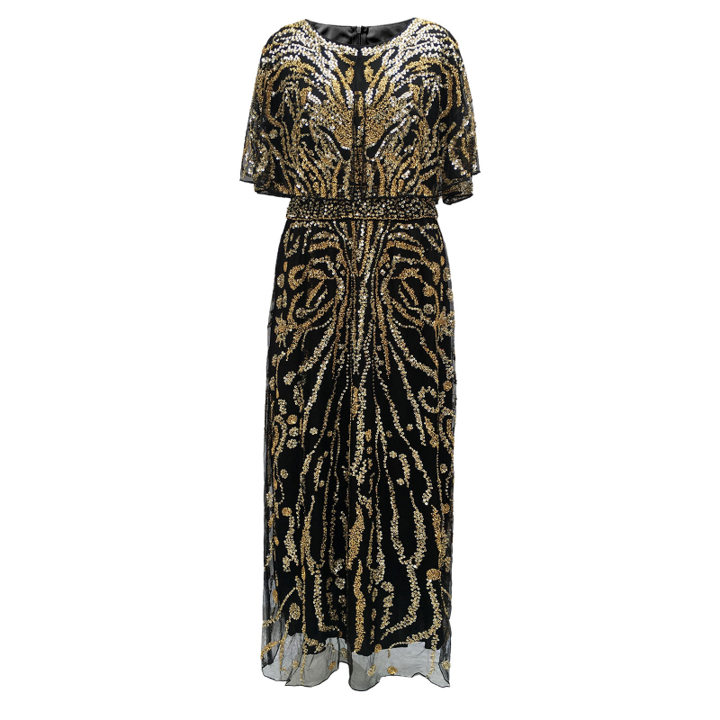 Večernja haljina s teškom šivanom od perlica i šljokica, duga, visoki struk, 3/4 rukavi, poliester