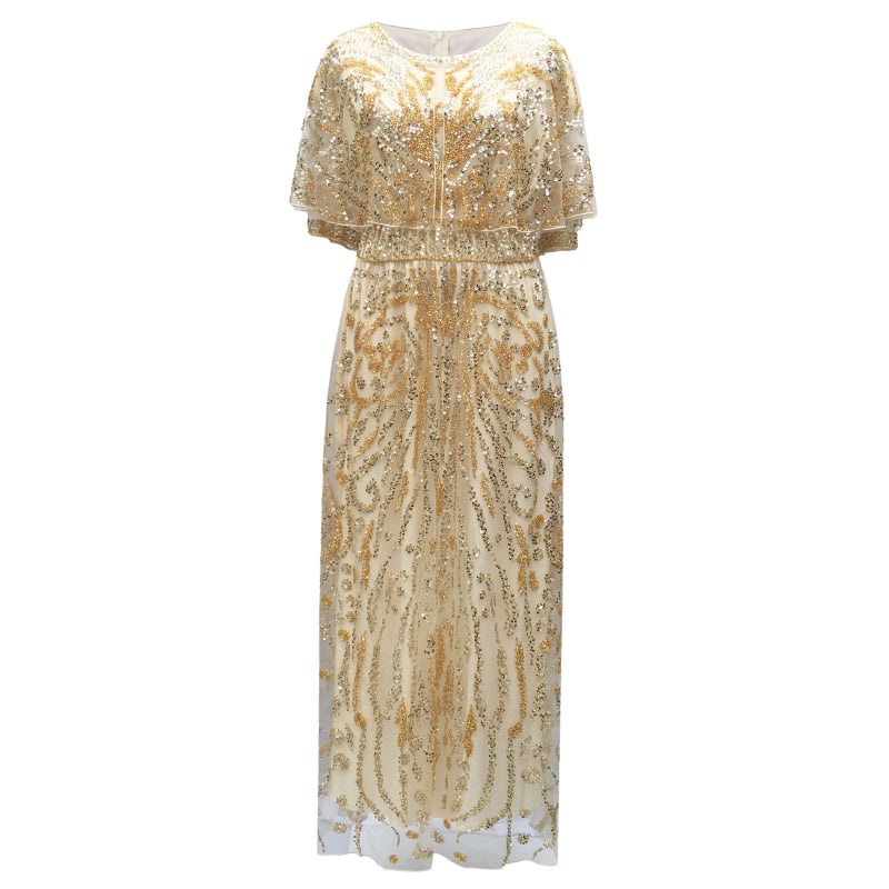 Večernja haljina s teškom šivanom od perlica i šljokica, duga, visoki struk, 3/4 rukavi, poliester