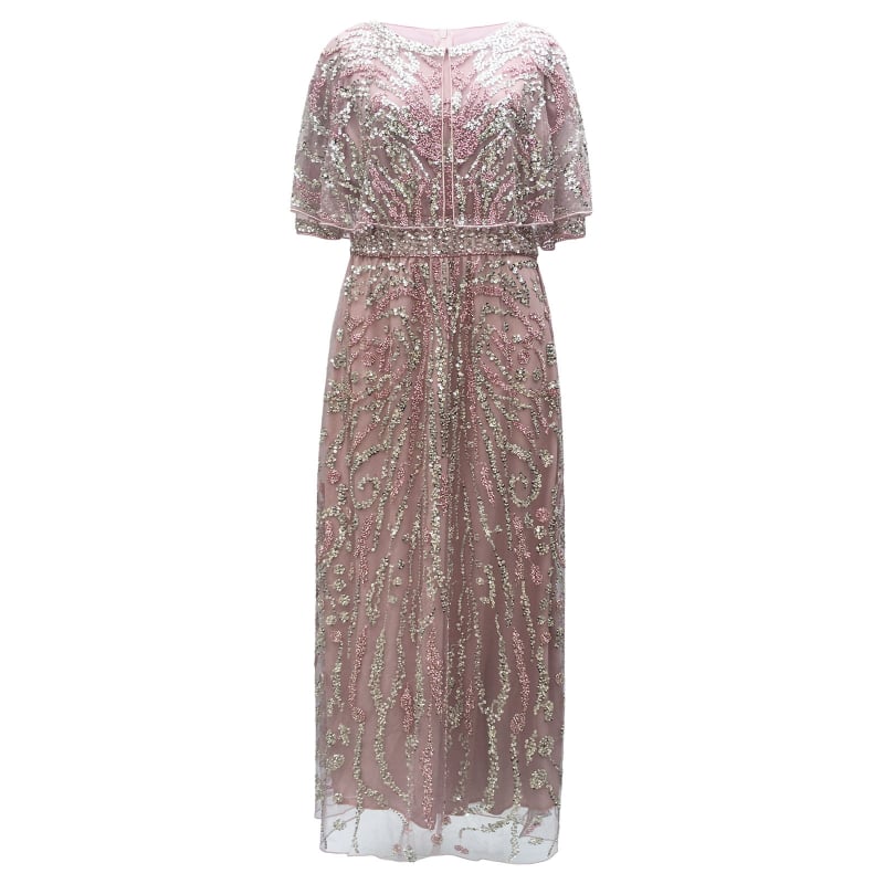 Večernja haljina s teškom šivanom od perlica i šljokica, duga, visoki struk, 3/4 rukavi, poliester