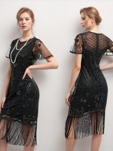 Φόρεμα Γκάτζμπι-εμπνευσμένο με χάντρες και φούντες, από διχτυωτό ύφασμα με κέντημα, στρογγυλός λαιμός, κοντά μανίκια, midi ακανόνιστη φούστα, μέση μεσαία, φερμουάρ, πολυεστέρας