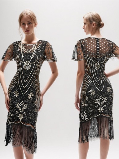 Φόρεμα Γκάτζμπι-εμπνευσμένο με χάντρες και φούντες, από διχτυωτό ύφασμα με κέντημα, στρογγυλός λαιμός, κοντά μανίκια, midi ακανόνιστη φούστα, μέση μεσαία, φερμουάρ, πολυεστέρας