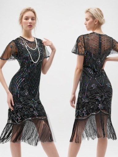 Φόρεμα Γκάτζμπι-εμπνευσμένο με χάντρες και φούντες, από διχτυωτό ύφασμα με κέντημα, στρογγυλός λαιμός, κοντά μανίκια, midi ακανόνιστη φούστα, μέση μεσαία, φερμουάρ, πολυεστέρας