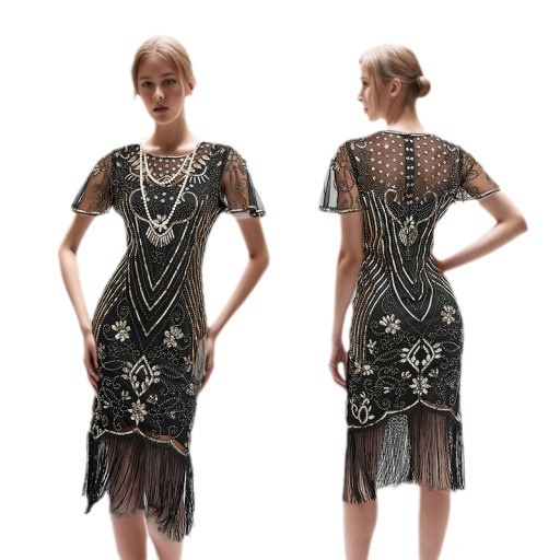 Φόρεμα Γκάτζμπι-εμπνευσμένο με χάντρες και φούντες, από διχτυωτό ύφασμα με κέντημα, στρογγυλός λαιμός, κοντά μανίκια, midi ακανόνιστη φούστα, μέση μεσαία, φερμουάρ, πολυεστέρας