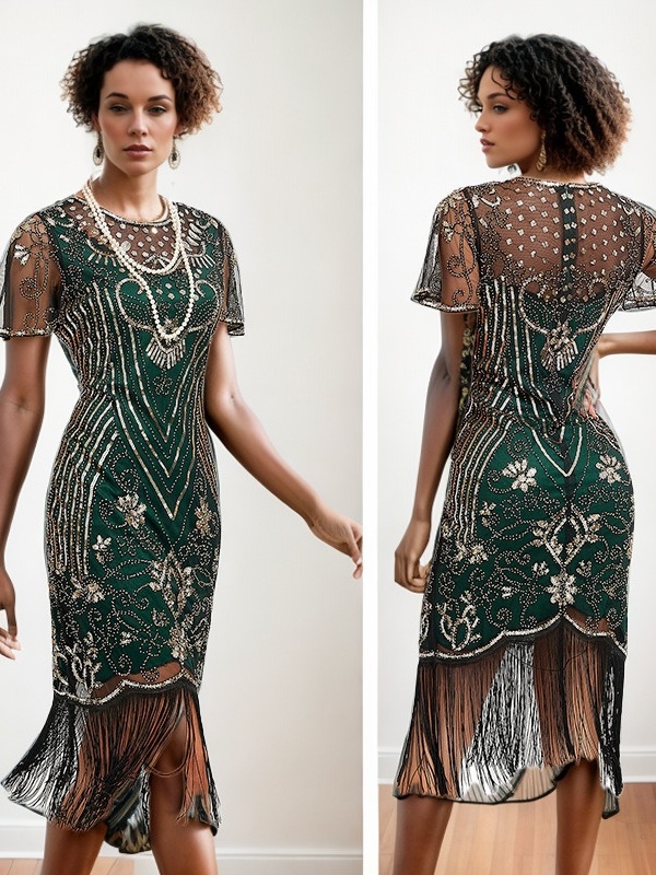 Φόρεμα Γκάτζμπι-εμπνευσμένο με χάντρες και φούντες, από διχτυωτό ύφασμα με κέντημα, στρογγυλός λαιμός, κοντά μανίκια, midi ακανόνιστη φούστα, μέση μεσαία, φερμουάρ, πολυεστέρας