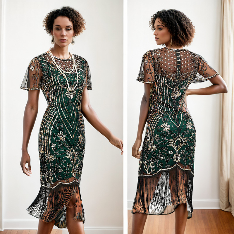 Φόρεμα Γκάτζμπι-εμπνευσμένο με χάντρες και φούντες, από διχτυωτό ύφασμα με κέντημα, στρογγυλός λαιμός, κοντά μανίκια, midi ακανόνιστη φούστα, μέση μεσαία, φερμουάρ, πολυεστέρας