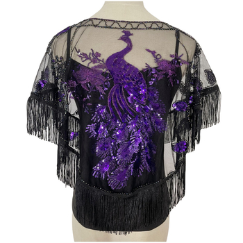 Șal cu paiete și ciucuri pentru seri de petrecere, poliester, stil retro etnic, țesătură simplă, model în dungi, decor brodat