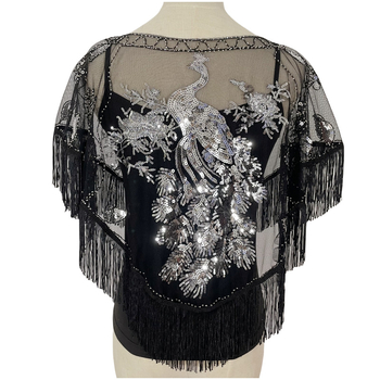 Șal cu paiete și ciucuri pentru seri de petrecere, poliester, stil retro etnic, țesătură simplă, model în dungi, decor brodat