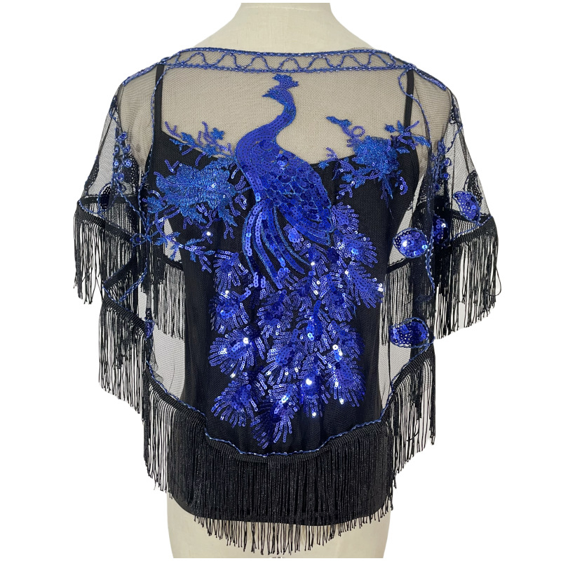 Șal cu paiete și ciucuri pentru seri de petrecere, poliester, stil retro etnic, țesătură simplă, model în dungi, decor brodat