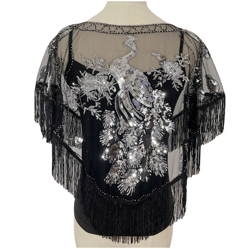 Șal cu paiete și ciucuri pentru seri de petrecere, poliester, stil retro etnic, țesătură simplă, model în dungi, decor brodat