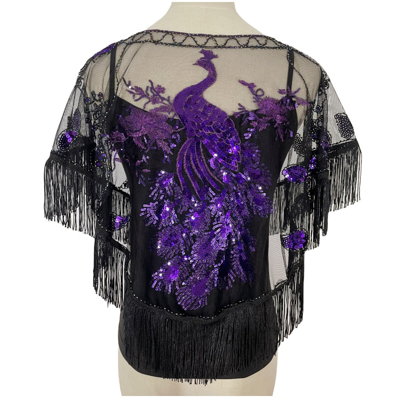 Șal cu paiete și ciucuri pentru seri de petrecere, poliester, stil retro etnic, țesătură simplă, model în dungi, decor brodat