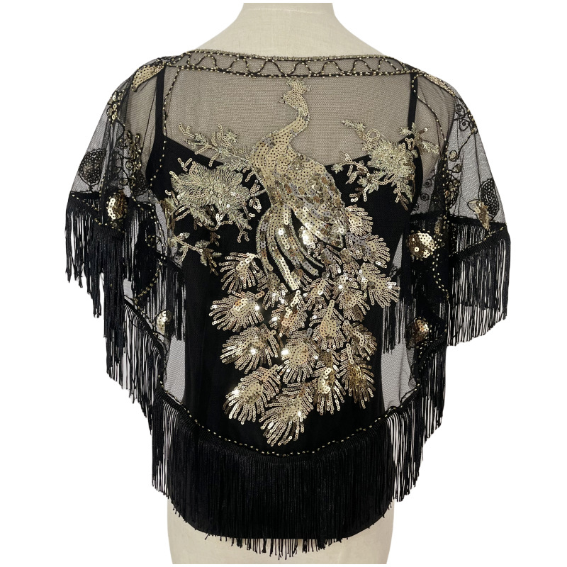 Șal cu paiete și ciucuri pentru seri de petrecere, poliester, stil retro etnic, țesătură simplă, model în dungi, decor brodat