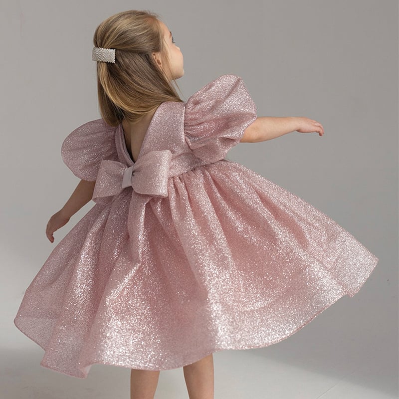 Rochie pentru copii în stil prințesă, mâneci bufante, țesătură plasă, poliester 100%, potrivită pentru nunți, petreceri și spectacole de pian