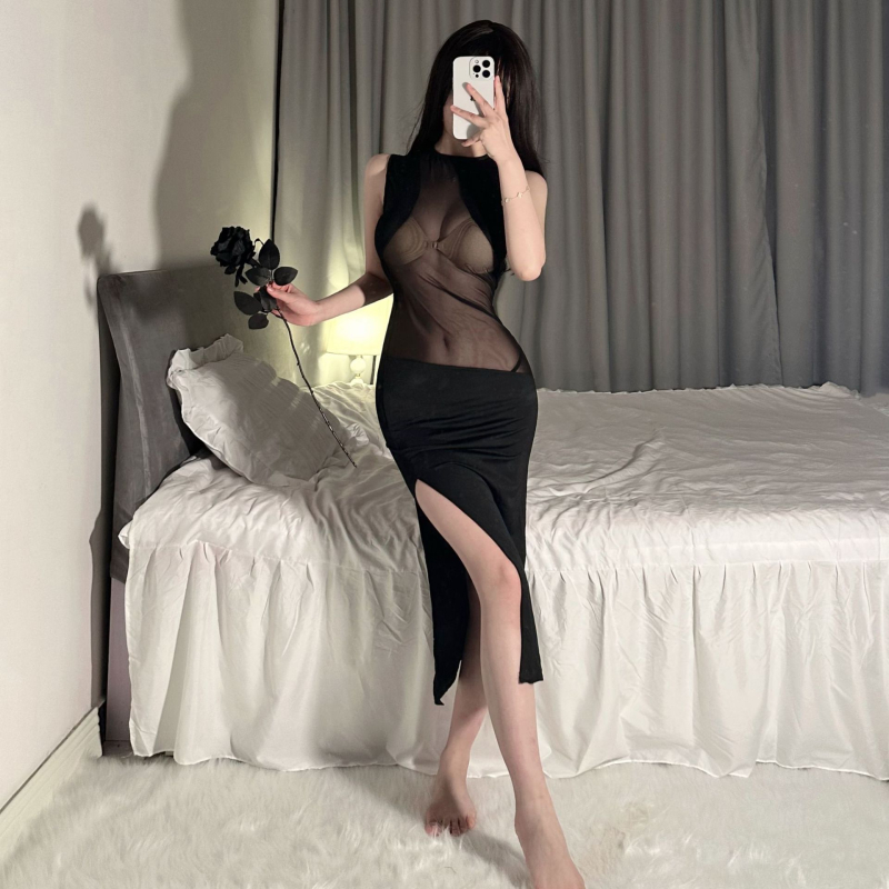 Seksi duga haljina za donje rublje – Milk Silk tkanina, Poliester 90–95%, Bodycon večernja haljina