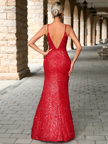 Polüestrist õhtukleit, käevarrukateta, sügav V-kaelus, kõrge talje, pikk seelik