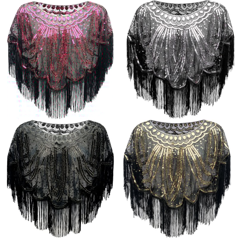 Pelerină de seară în stil 1920s, cu ciucuri și paiete, model floral, poliester, broderie, origine: Chaozhou