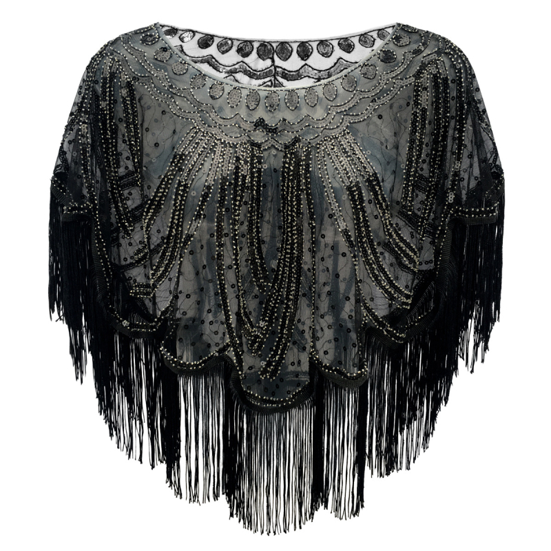 Pelerină de seară în stil 1920s, cu ciucuri și paiete, model floral, poliester, broderie, origine: Chaozhou