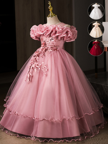 Детска рокля принцеса с едно рамо, дълга мрежеста пола, плисирана тъкан (Полиестер | подплата: памук | за деца над 8 години (над 140 cm) | стил: сладък принцеса)