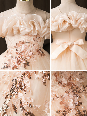 Детска рокля принцеса с едно рамо, дълга мрежеста пола, плисирана тъкан (Полиестер | подплата: памук | за деца над 8 години (над 140 cm) | стил: сладък принцеса)