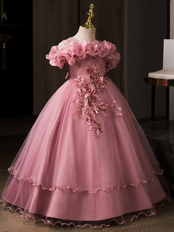 Детска рокля принцеса с едно рамо, дълга мрежеста пола, плисирана тъкан (Полиестер | подплата: памук | за деца над 8 години (над 140 cm) | стил: сладък принцеса)