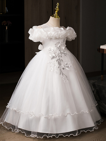 Детска рокля принцеса с едно рамо, дълга мрежеста пола, плисирана тъкан (Полиестер | подплата: памук | за деца над 8 години (над 140 cm) | стил: сладък принцеса)