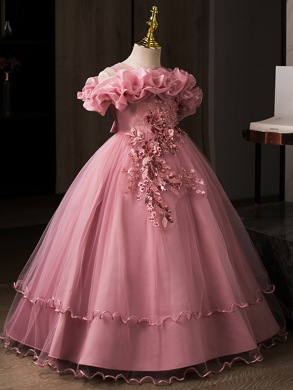 Детска рокля принцеса с едно рамо, дълга мрежеста пола, плисирана тъкан (Полиестер | подплата: памук | за деца над 8 години (над 140 cm) | стил: сладък принцеса)