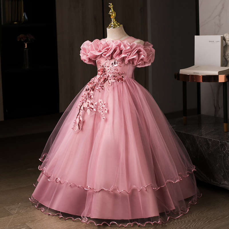 Детска рокля принцеса с едно рамо, дълга мрежеста пола, плисирана тъкан (Полиестер | подплата: памук | за деца над 8 години (над 140 cm) | стил: сладък принцеса)