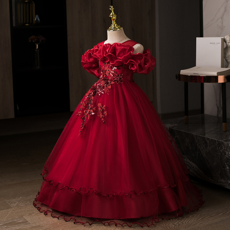 Детска рокля принцеса с едно рамо, дълга мрежеста пола, плисирана тъкан (Полиестер | подплата: памук | за деца над 8 години (над 140 cm) | стил: сладък принцеса)