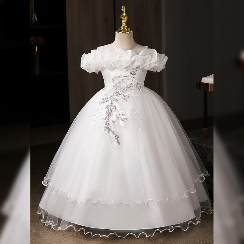 Детска рокля принцеса с едно рамо, дълга мрежеста пола, плисирана тъкан (Полиестер | подплата: памук | за деца над 8 години (над 140 cm) | стил: сладък принцеса)