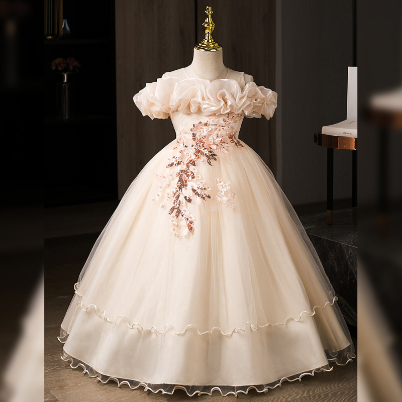 Детска рокля принцеса с едно рамо, дълга мрежеста пола, плисирана тъкан (Полиестер | подплата: памук | за деца над 8 години (над 140 cm) | стил: сладък принцеса)