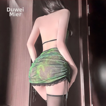 Roles spēļu apakšveļas komplekts, čongšama stilā iedvesots, caurspīdīgs tīklu audums, haltera kakls, glauds uz gurniem, poliesteris