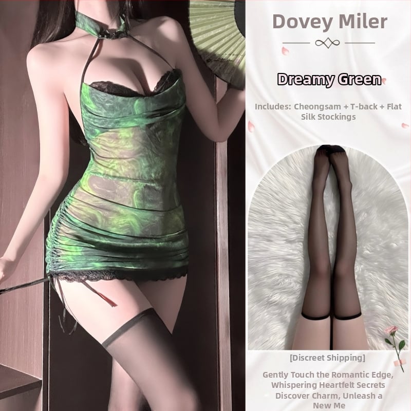 Roles spēļu apakšveļas komplekts, čongšama stilā iedvesots, caurspīdīgs tīklu audums, haltera kakls, glauds uz gurniem, poliesteris