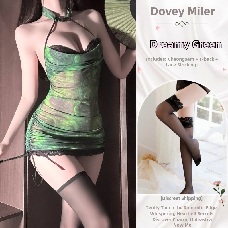 Roles spēļu apakšveļas komplekts, čongšama stilā iedvesots, caurspīdīgs tīklu audums, haltera kakls, glauds uz gurniem, poliesteris