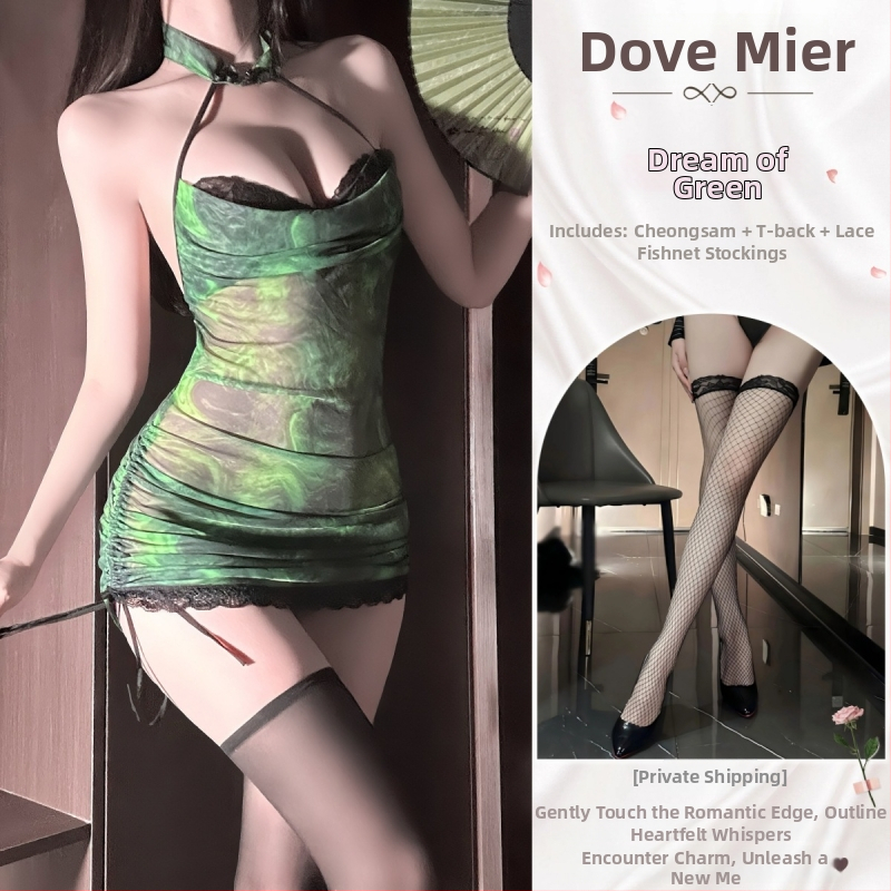 Roles spēļu apakšveļas komplekts, čongšama stilā iedvesots, caurspīdīgs tīklu audums, haltera kakls, glauds uz gurniem, poliesteris