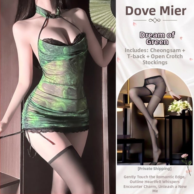 Roles spēļu apakšveļas komplekts, čongšama stilā iedvesots, caurspīdīgs tīklu audums, haltera kakls, glauds uz gurniem, poliesteris