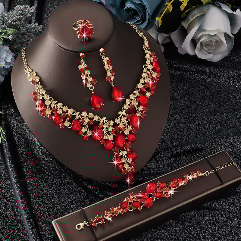 Σετ γυναικείων κοσμημάτων: σκουλαρίκια, κολιέ και βραχιόλι από κράμα ψευδαργύρου με επίστρωση Rack plating, πέτρες σε συνδυασμό, φλοράλ μοτίβο