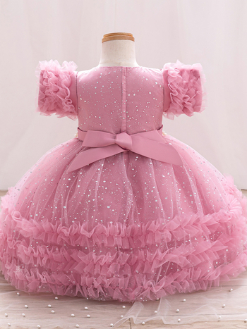 Детска рокля за принцеси с мъниста и пайети, пухкава, плисиран плат, памучно‑смесен плат с памучна подплата, за деца на възраст 3–8 години