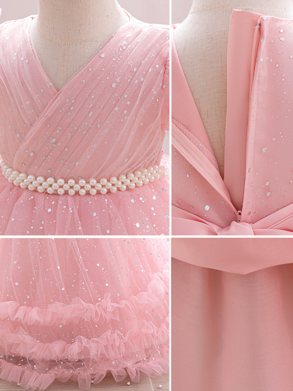 Детска рокля за принцеси с мъниста и пайети, пухкава, плисиран плат, памучно‑смесен плат с памучна подплата, за деца на възраст 3–8 години