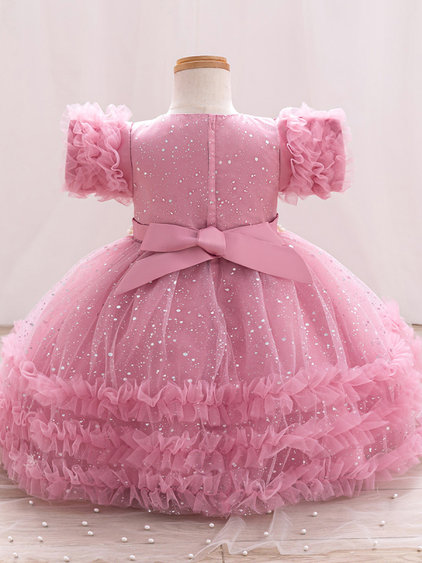 Детска рокля за принцеси с мъниста и пайети, пухкава, плисиран плат, памучно‑смесен плат с памучна подплата, за деца на възраст 3–8 години